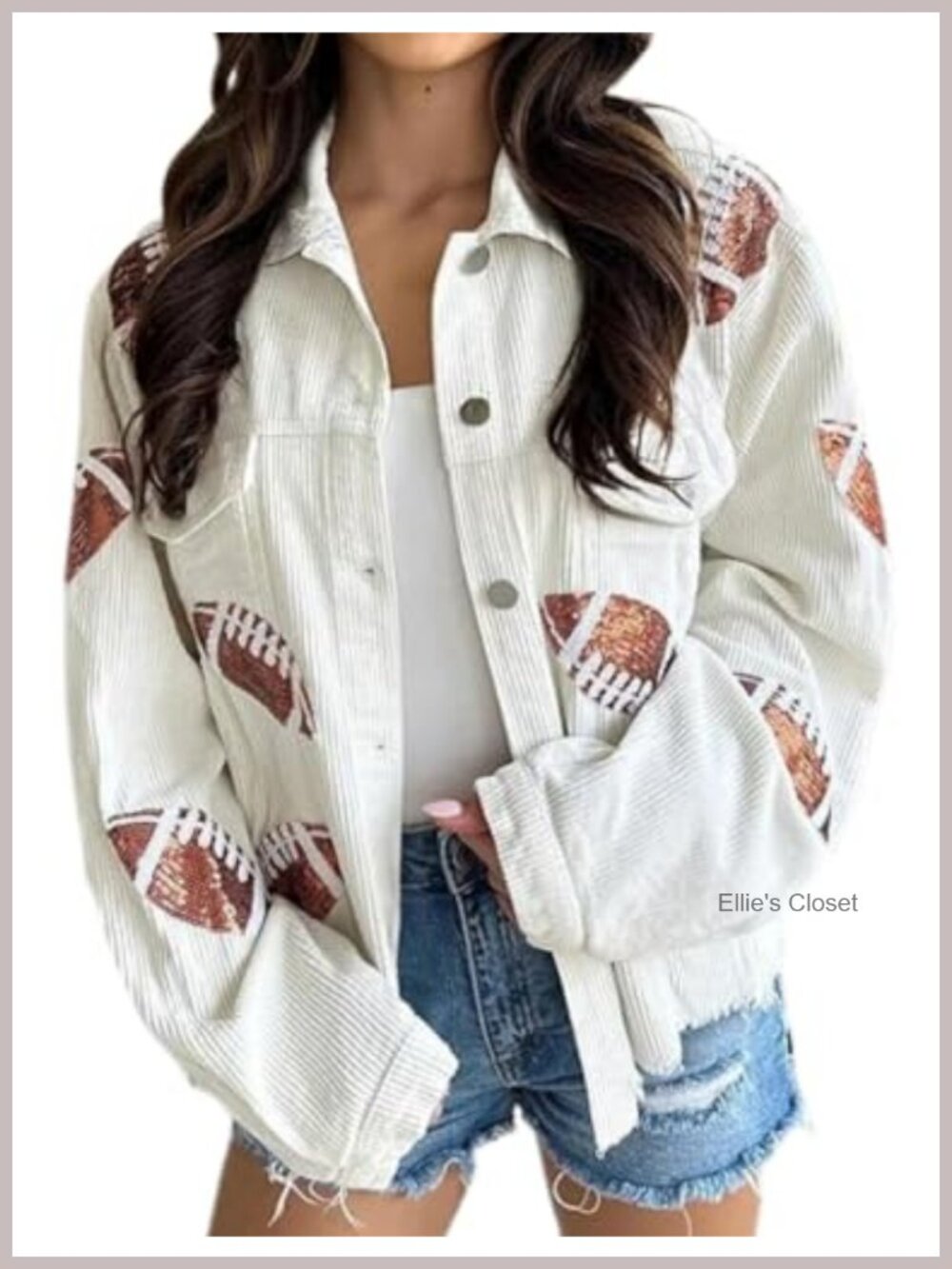 Women Cropped Corduroy Football Jacket Sequin Patched Shacket
